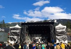 the stage at Skiers Plaza, , packed as usual, photo Chris Lockhart